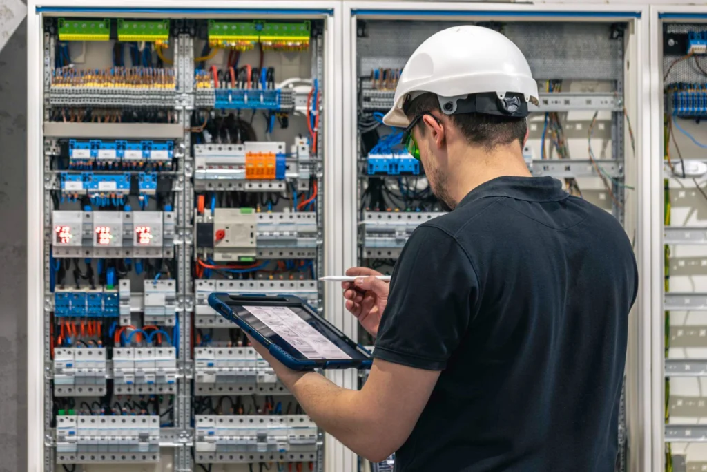 Technician installing fiber optic cabling in a commercial network closet