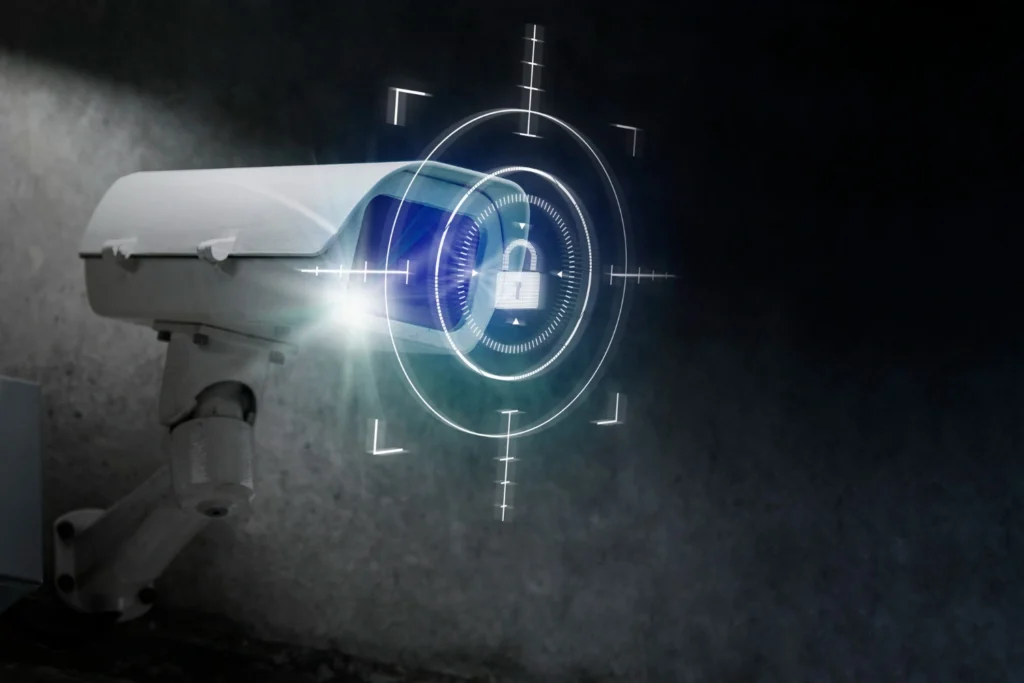 Security camera with digital lock icon representing surveillance system protection