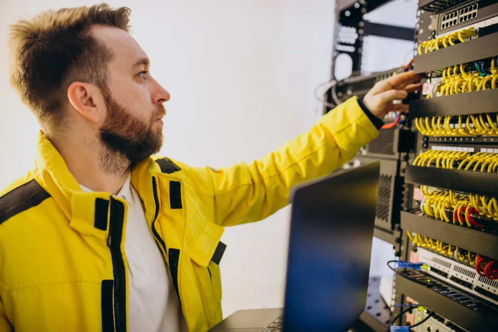 Structured cabling contractor installing and organizing commercial network cabling